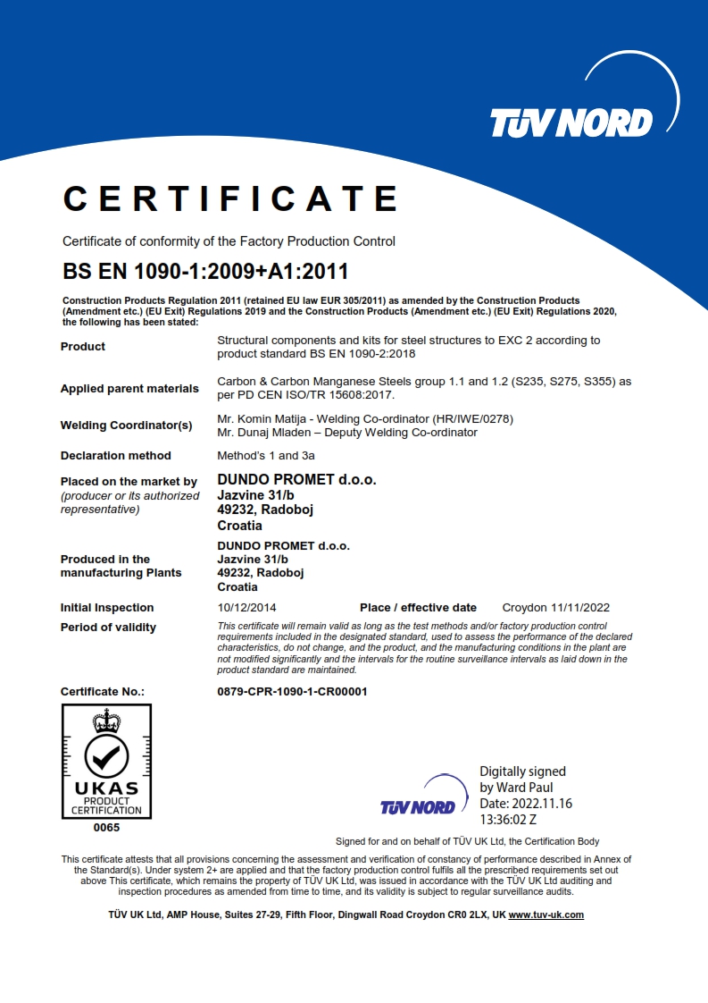 Dundo certifikat BS EN 1091-1 - EN